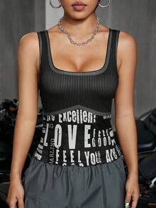 ROMWE PUNK Women's Sleeveless Top With Letter Print - Black - View 4