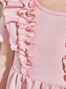 SHEIN Vestido Redondo De Manga Corta De Cuello Redondo Para Niña Adolescente Con Triple Dobladillo Y Diseño Floral De Jacquard - Rosa - Ver 6