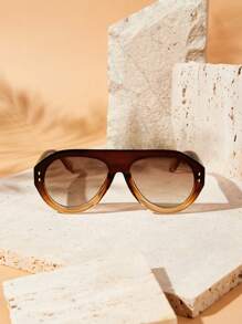 SHEIN VCAY Gafas de sol con gradiente de color té, marco de color té doble, lentes escolares con estilo bohemio - Marrón - Ver 2