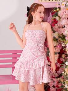 SHEIN Girlism Teen Girls' Woven Floral Print Ruffle Trim Casual Spaghetti Strap Dress - Pink - View 5