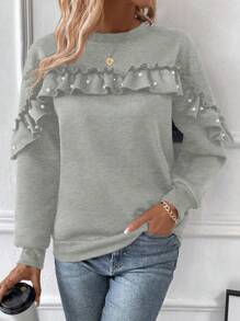 SHEIN LUNE Sudadera Con Cuello Redondo, Dobladillo Con Volantes Y Adornos De Perlas - Gris Claro - Ver 4