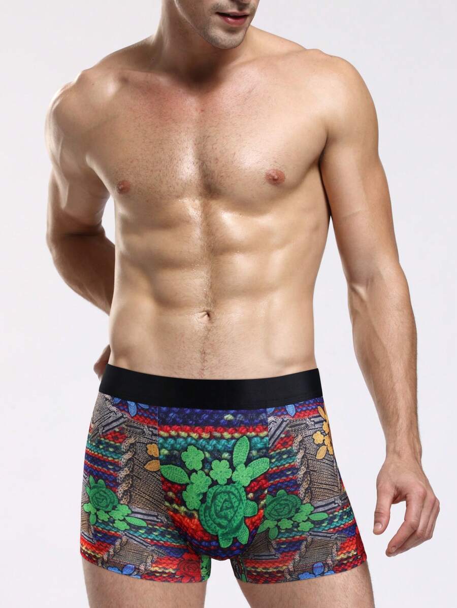 Men's Funny Cute Multicolor Random Print Knitted Fabric Swim Trunks With Medium Stretch - Multicolor - View 1