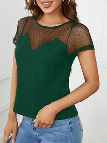 SHEIN Clasi Women's Round Neck Mesh Panel Short Sleeve T-Shirt - Dark Green - View 3