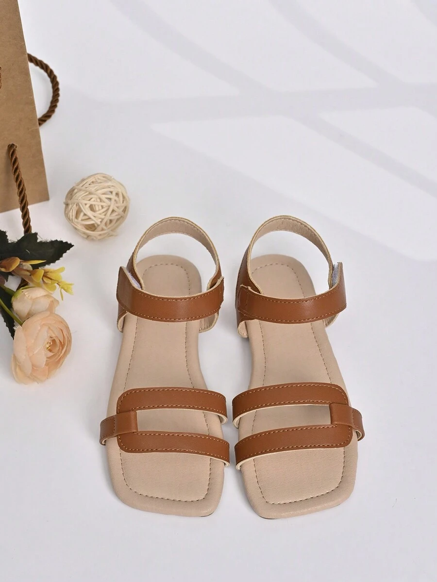 Girls' Fashionable And Simple Square Toe Geometric Style Summer Sandals, For Kids - Brown - View 1