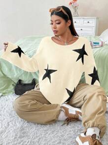 Flirla Plus Size Star Pattern Drop Shoulder Sweater Knit Pullover Fall Winter - Beige - View 4
