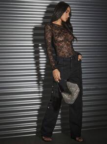 SHEIN BAE 女性性感夜店長袖透視蕾絲連體褲 - 黑色 - 查看 4