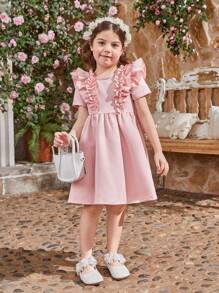 SHEIN Vestido Redondo De Manga Corta De Cuello Redondo Para Niña Adolescente Con Triple Dobladillo Y Diseño Floral De Jacquard - Rosa - Ver 7
