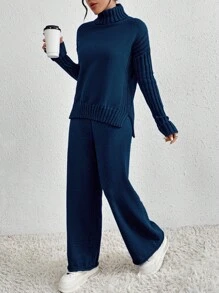 EMERY ROSE High-Necked Long-Sleeve Sweater And Knit Pants Two-Piece Suit - Royal Blue - View 1