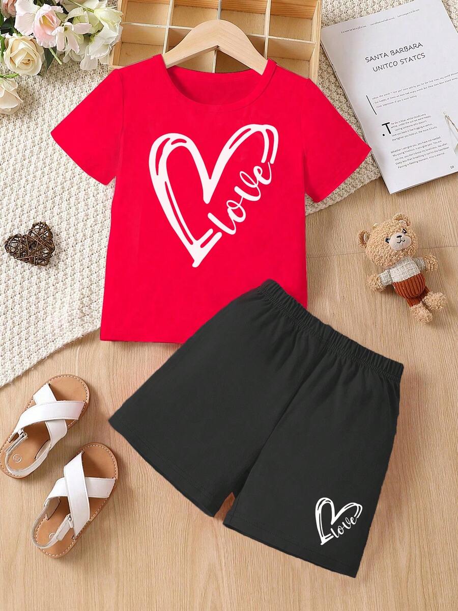 SHEIN 小女孩心形字母印花上衣和純色短褲頭兩件套 - 粉色 - 查看 1