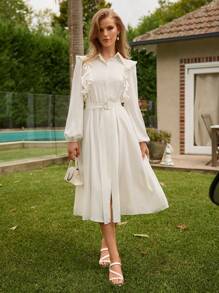 Anewsta Women's Spliced Ruffle Hem Long Shirt Dress Fall Cloth For Women - Beige - View 6