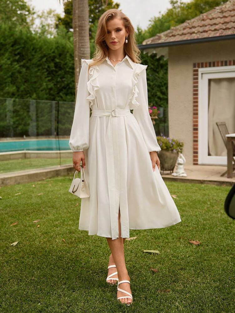 Women's Spliced Ruffle Hem Long Shirt Dress Fall Cloth For Women