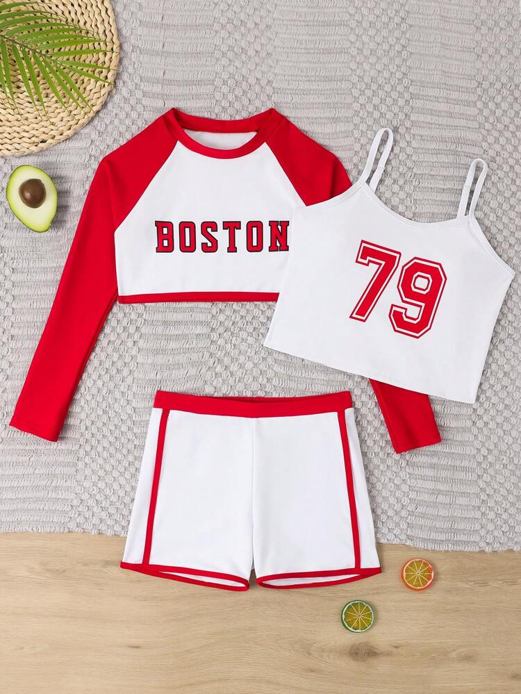 Tween Girls' Digital Printed Cami Top, Color Block Shorts, Raglan Long Sleeve Tee Tankini Set