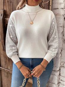 Calvaya Plus Size Women's High Neck Sparkly Long Sleeve Sweater With Patchwork Design - White - View 1