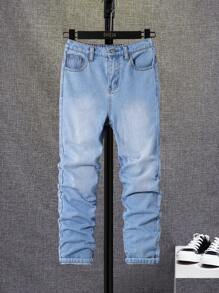 SHEIN Tween男孩休閒中腰直筒牛仔褲,字母印花款 - 淺色水洗藍 - 查看 1