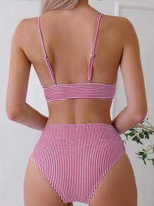 SHEIN Swim 夏季海滩女士条纹露背分体比基尼套装婚礼 - 紅白色 - 查看 2
