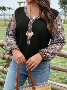 EMERY ROSE Plus Size Peacock Printed Lantern Sleeve Button Half Placket Blouse - Black - View 3