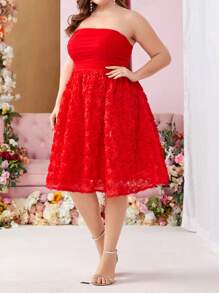 SHEIN Belle Women's Plus Size Red Strapless Flowing Mesh Spliced ​​Three-Dimensional Floral Fabric Dark Opium Style Babydoll Dress Graduation Party Dress Music Festival Dress Cocktail Party Dress - Red - View 6