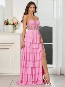 SHEIN Belle Elegante vestido de gala con aplicaciones en el busto, corte asimétrico, abertura alta y volantes en capas, color rosa, para mujeres para el Día de San Valentín