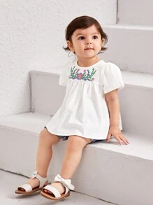 SHEIN Baby Girl Embroidered Pattern White Short Sleeve Top For Summer Vacation - White - View 3