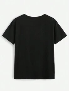 SHEIN Coolane 女士休閒骷髏玫瑰印花短袖T恤，夏季 - 黑色 - 查看 2