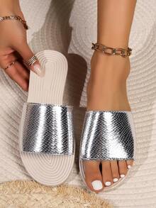 New Summer Arrival Women's Flat Sandals With Bottom, Sequin Design, Peep Toe And Ankle Strap - Silver - View 5