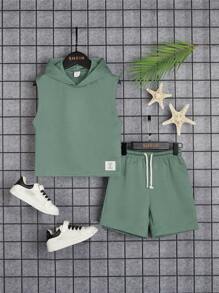 SHEIN Young Boy Sleeveless Hooded Top And Drawstring Waist Casual Comfortable Shorts Set - Green - View 1