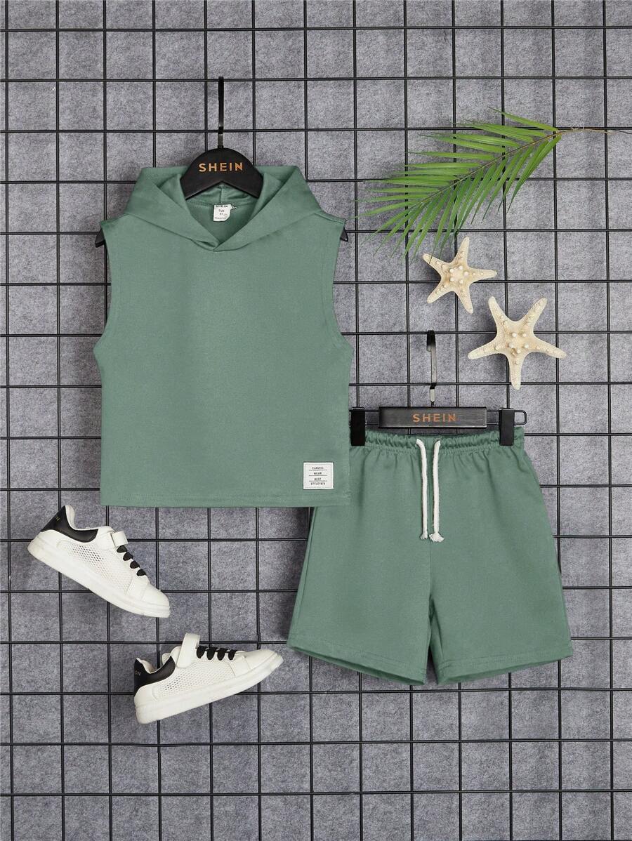 SHEIN Young Boy Sleeveless Hooded Top And Drawstring Waist Casual Comfortable Shorts Set - Green - View 1