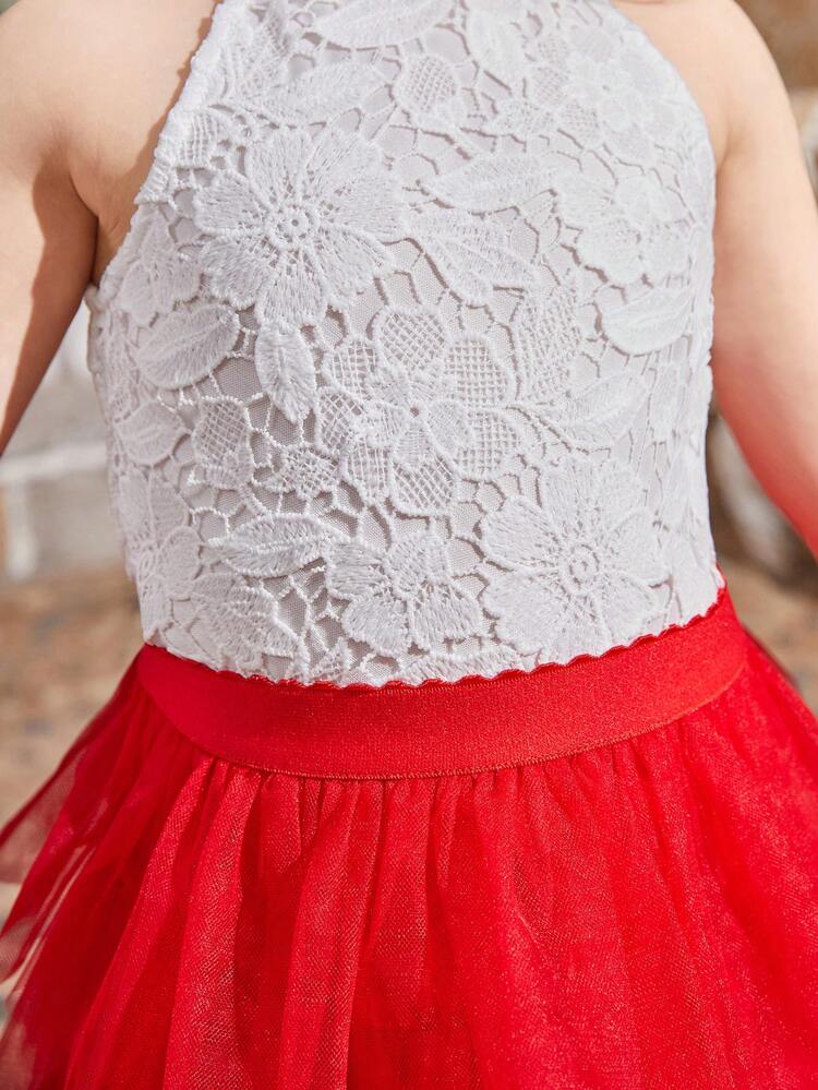 Young Girl Floral Embroidered Halter Top And Tiered Ruffle Mesh Skirt Set