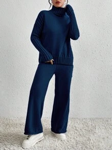 EMERY ROSE High-Necked Long-Sleeve Sweater And Knit Pants Two-Piece Suit - Royal Blue - View 3