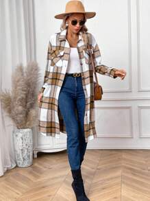 SHEIN LUNE Women's Plaid Mid-Length Shirt Style Jacket - Khaki - View 5