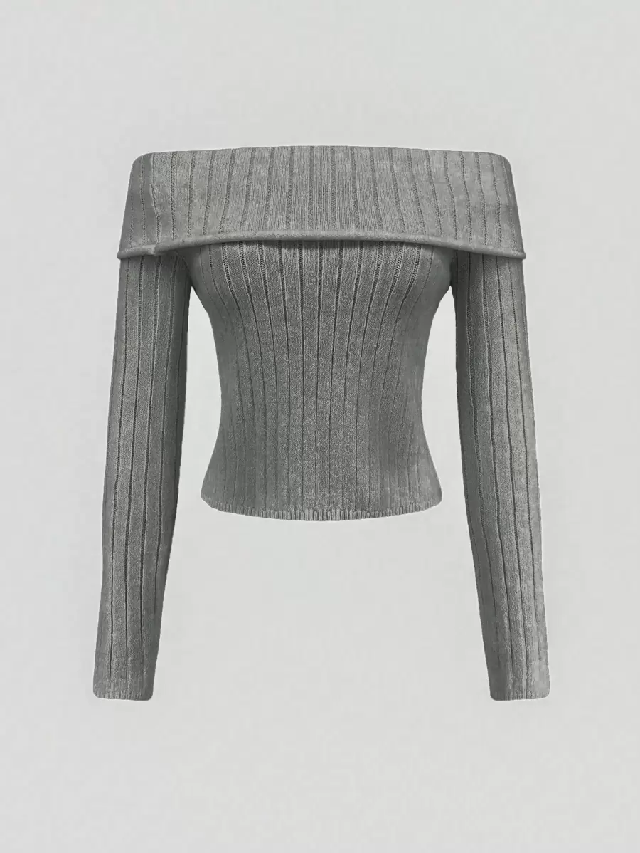 SHEIN Unity Jersey de punto ajustado con hombros descubiertos para mujer, para otoño e invierno - Gris - Ver 1