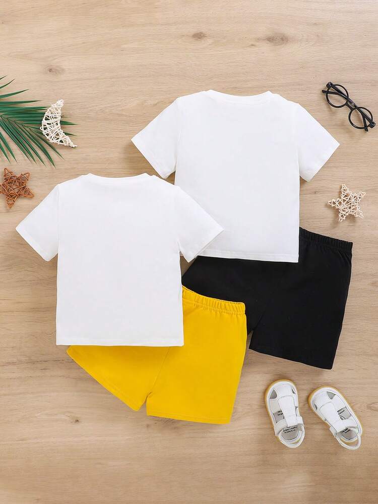4pcs Baby Boy's Star And Moon Pattern Round Neck Short Sleeve Top With Solid Color Shorts Set
