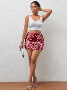 Zolique Women's Sequined Mini Skirt - Red - View 3