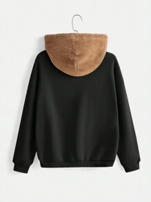 SHEIN EZwear Women's Cartoon Embroidery Color Block Teddy Hoodie - Black - View 2