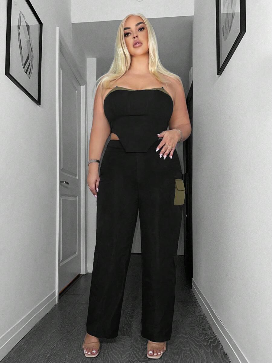 SHEIN SXY Plus Size Women's Contrast Color Side Pocket Cargo Pants - Black - View 1