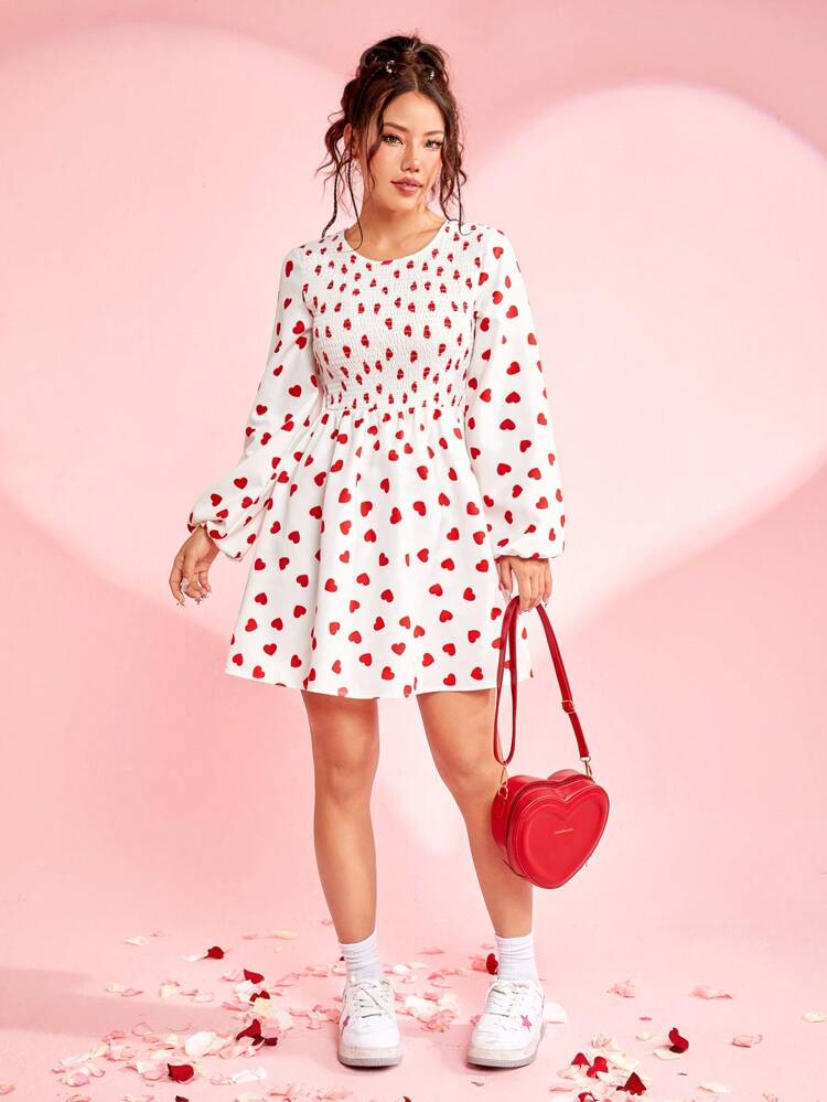 Lovely Heart Printed Lantern Sleeve Dress For Valentine's Day