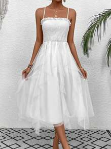 SHEIN VCAY 網紗拼接抽褶背心裙 - 白色 - 查看 5