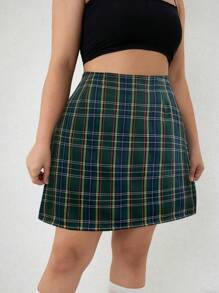 INAWLY 大碼格紋印花直筒半身裙 - 綠色 - 查看 1