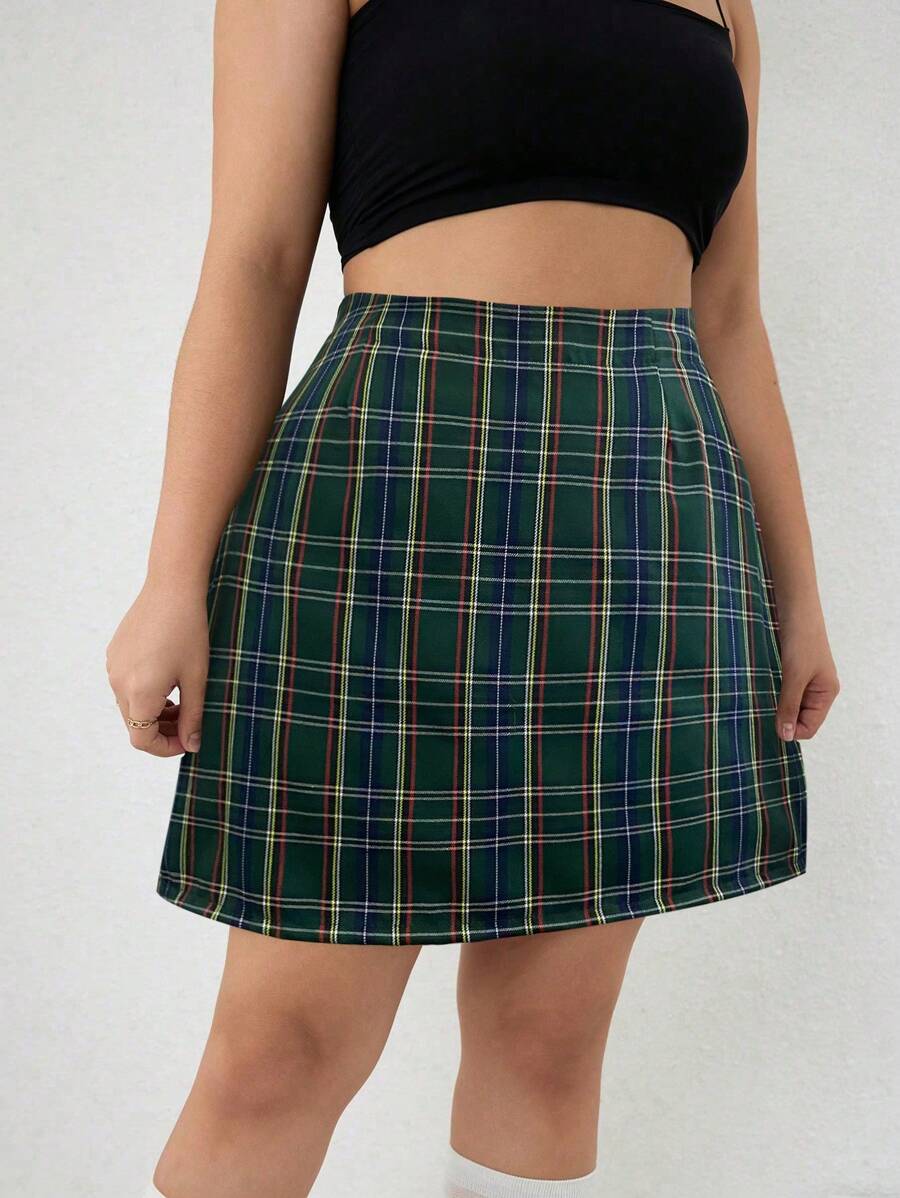 INAWLY 大碼格紋印花直筒半身裙 - 綠色 - 查看 1