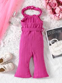 女嬰優雅荷葉邊下擺掛脖連身褲玫瑰紫色