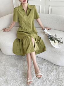 DAZY Women'S Loose Fit Puff Sleeve Knee-Length Dress With Ruffled Hem, Single Breasted Design And Pointed Collar - Green - View 3