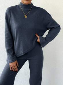 EURMUSE Ladies' Mandarin Collar Drop Shoulder Long Sleeve T-Shirt And Pants Two Piece Set - Dark Grey - View 3
