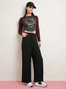 HELLO KITTY AND FRIENDS | SHEIN 女生卡通圖案斜口袋褲子 - 黑色 - 查看 6