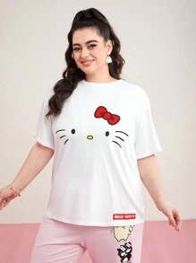 HELLO KITTY AND FRIENDS | SHEIN Camiseta De Manga Corta Con Estampado De Caricaturas Plus - Blanco - Ver 7