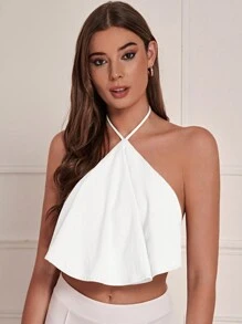 Soleia Màu thuần Không lưng Halter Neck Áo Với Dây đeo - trắng - Xem 4