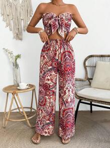 Breezaya Women's Elegant Paisley Print Front Tie Bandeau Top And Pants Set