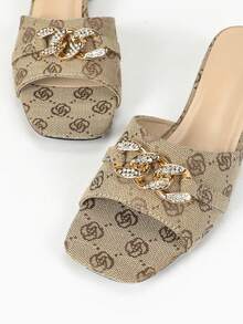 女士高跟一脚蹬凉鞋，时尚漆皮撞色印花方头休闲沙滩拖鞋，工作与通勤 - 彩色 - 查看 5