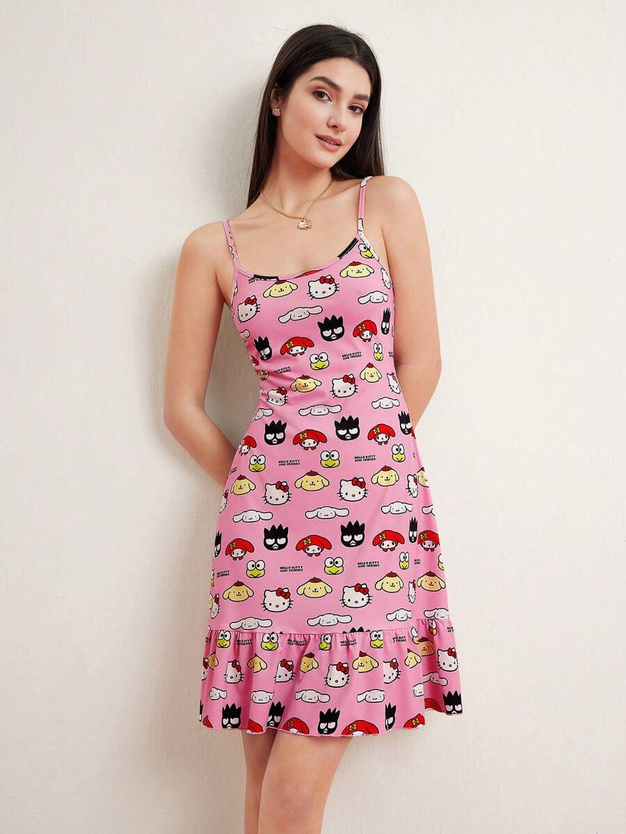 HELLO KITTY AND FRIENDS | SHEIN Cartoon Pattern Print Cami Sleep Dress - Coral Pink - View 1