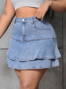 CovetEZ 加大尺寸女士雙層荷葉邊牛仔裙 - 中等水洗藍 - 查看 6