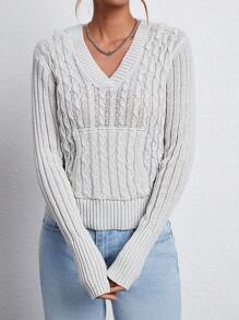 Chiquease Women's Twisted Knit V-Neck Sweater - Light Grey - View 1
